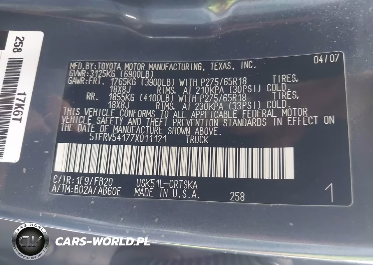 2007 Toyota Tundra Sr5 V8 VIN:5TFRV54177X011121 - 9