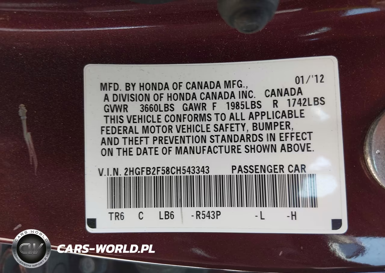 2012 Honda Civic Lx VIN:2HGFB2F58CH543343 - 9