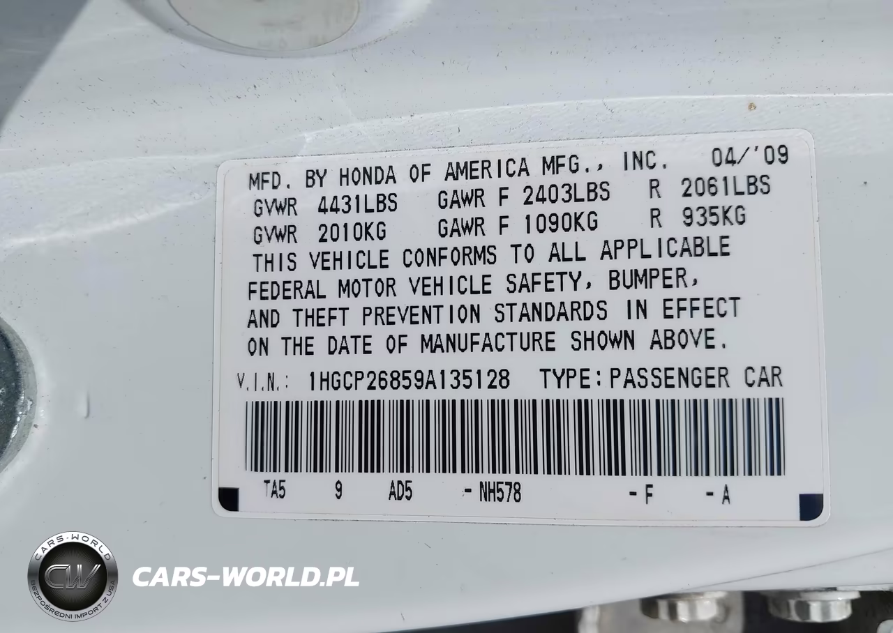 2009 Honda Accord 2.4 Ex-L VIN:1HGCP26859A135128 - 9