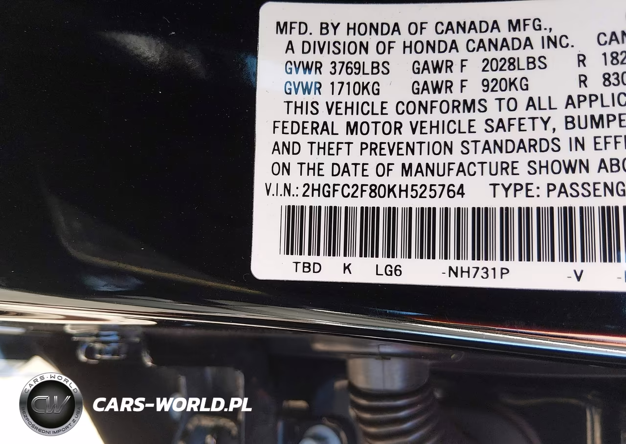 2019 Honda Civic Sport VIN:2HGFC2F80KH525764 - 9