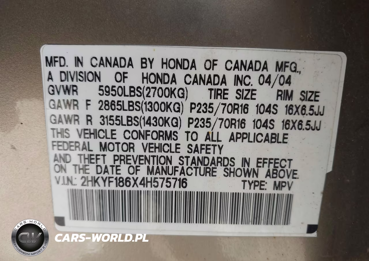 2004 Honda Pilot Ex-L VIN:2HKYF186X4H575716 - 9