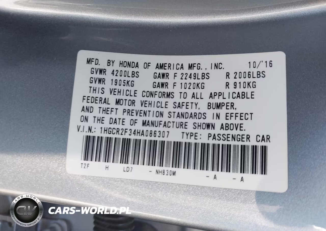 2017 Honda Accord Lx VIN:1HGCR2F34HA086307 - 9