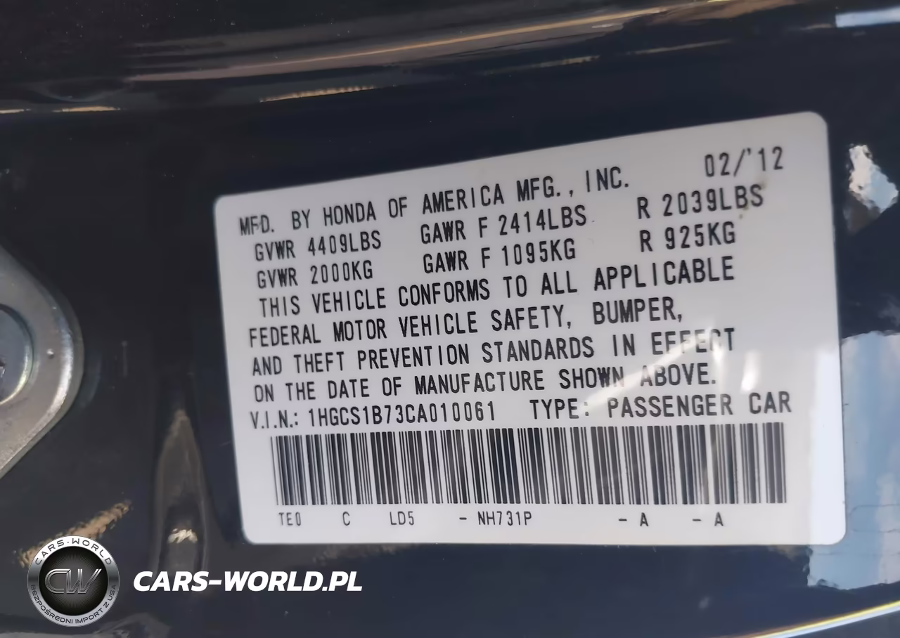 2012 Honda Accord 2.4 Ex VIN:1HGCS1B73CA010061 - 9