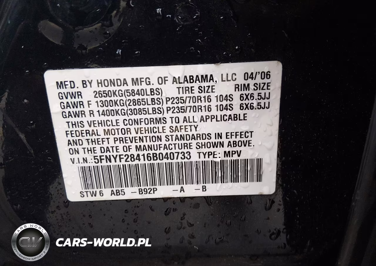 2006 Honda Pilot Ex VIN:5FNYF28416B040733 - 9