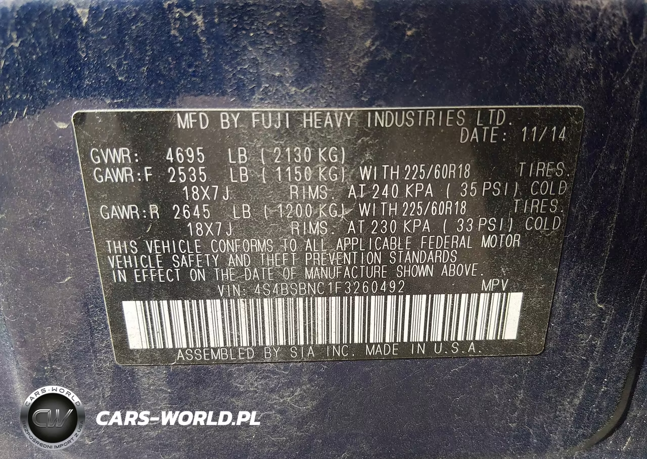 2015 Subaru Outback 2.5I Limited VIN:4S4BSBNC1F3260492 - 9