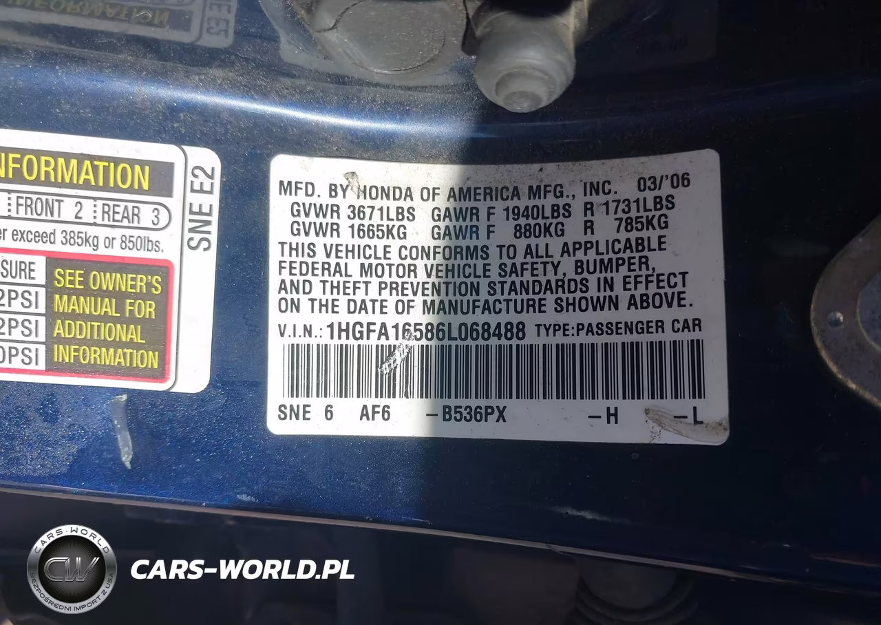 2006 Honda Civic Lx VIN:1HGFA16586L068488 - 9