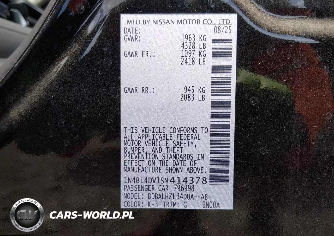 2025 Nissan Altima Sv Fwd VIN:1N4BL4DV1SN414378 - 9