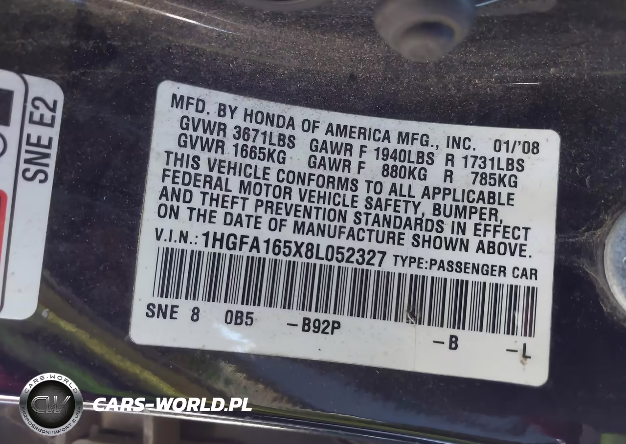 2008 Honda Civic Lx VIN:1HGFA165X8L052327 - 9