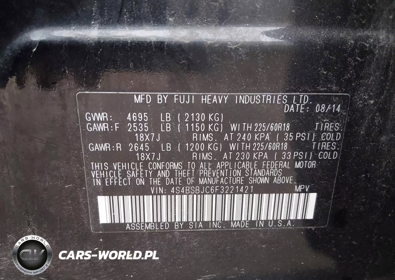 2015 Subaru Outback 2.5I Limited VIN:4S4BSBJC6F3221421 - 9