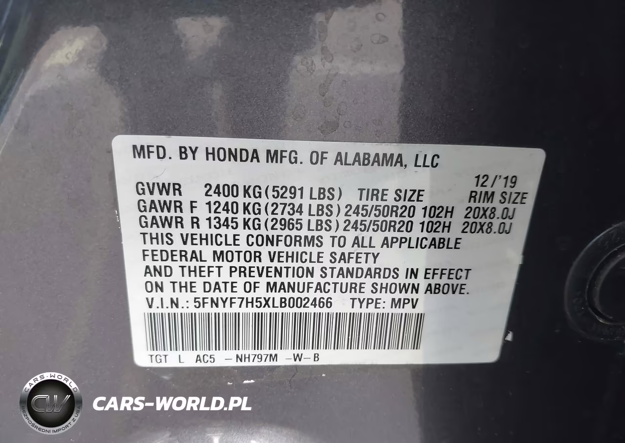 2020 Honda Passport 2Wd Ex-L VIN:5FNYF7H5XLB002466 - 9