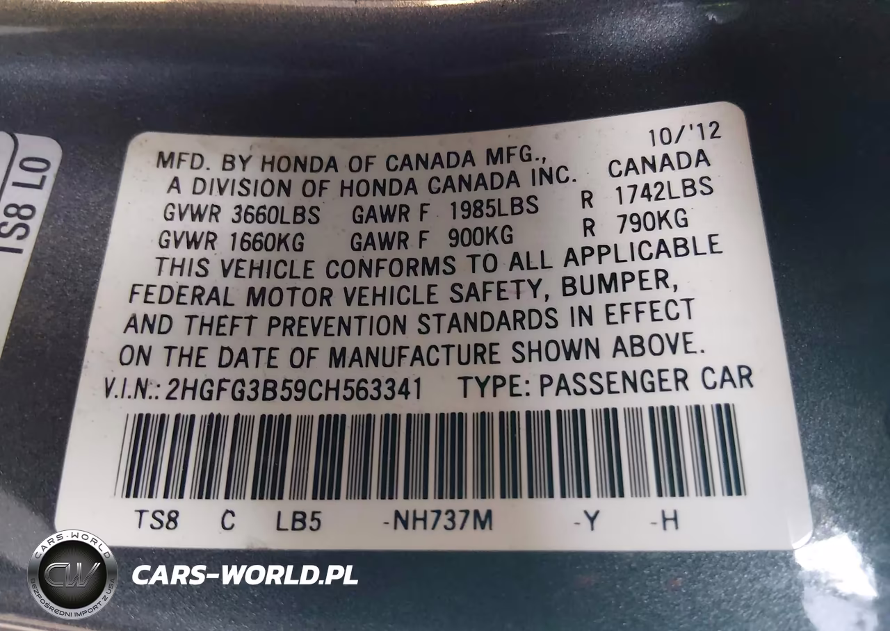 2012 Honda Civic Lx VIN:2HGFG3B59CH563341 - 9