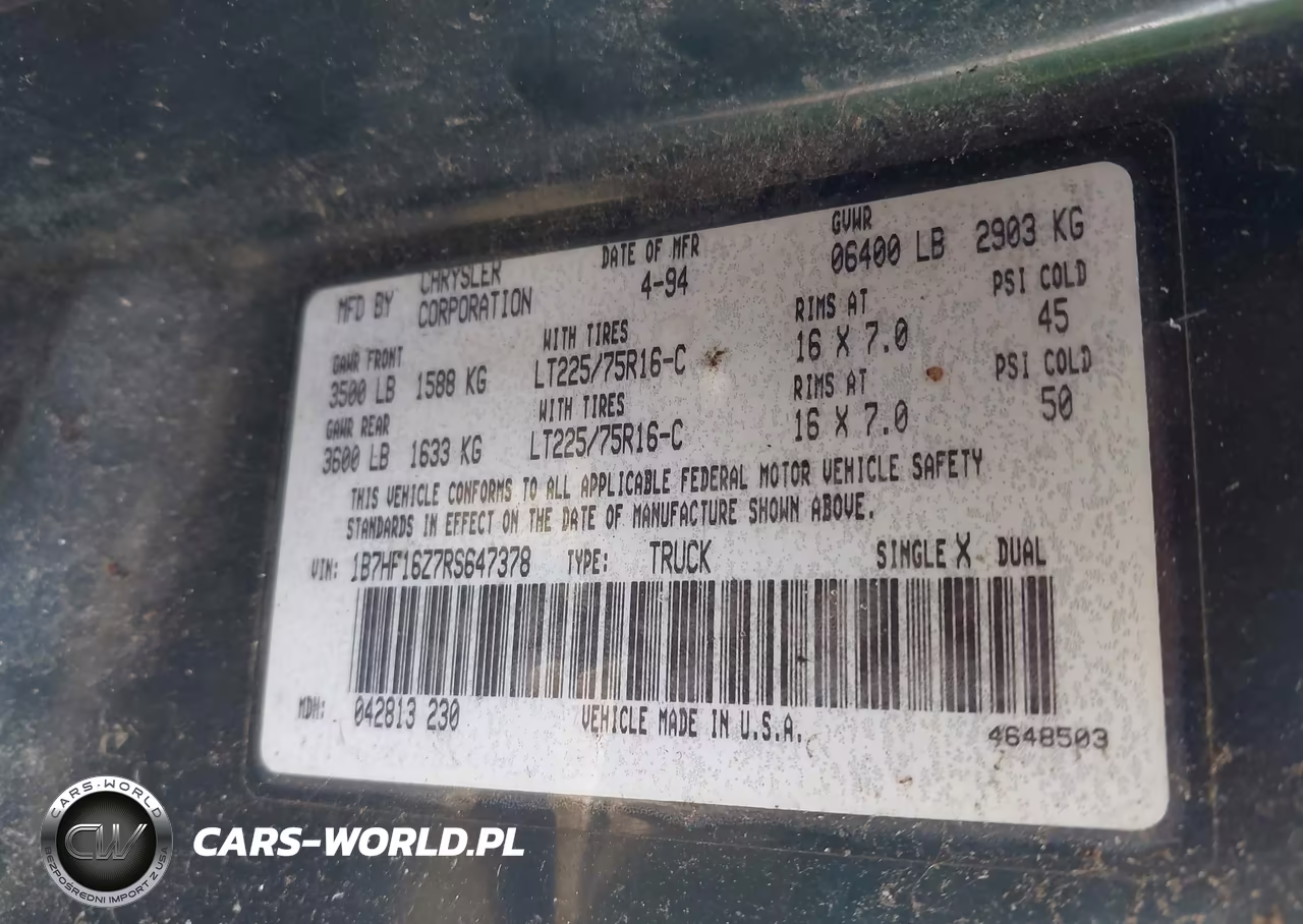 1994 Dodge Ram 1500 VIN:1B7HF16Z7RS647378 - 9