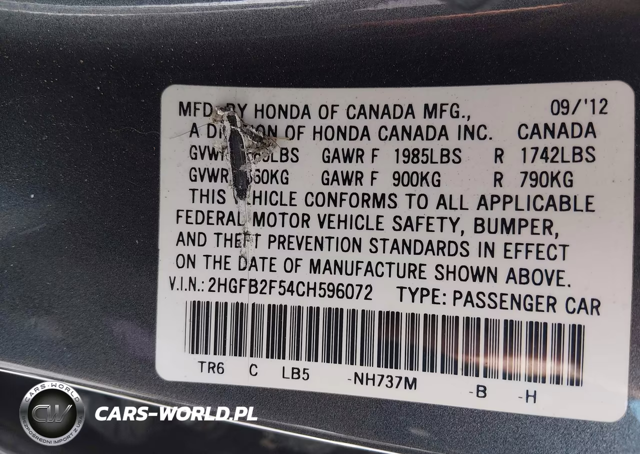 2012 Honda Civic Lx VIN:2HGFB2F54CH596072 - 9