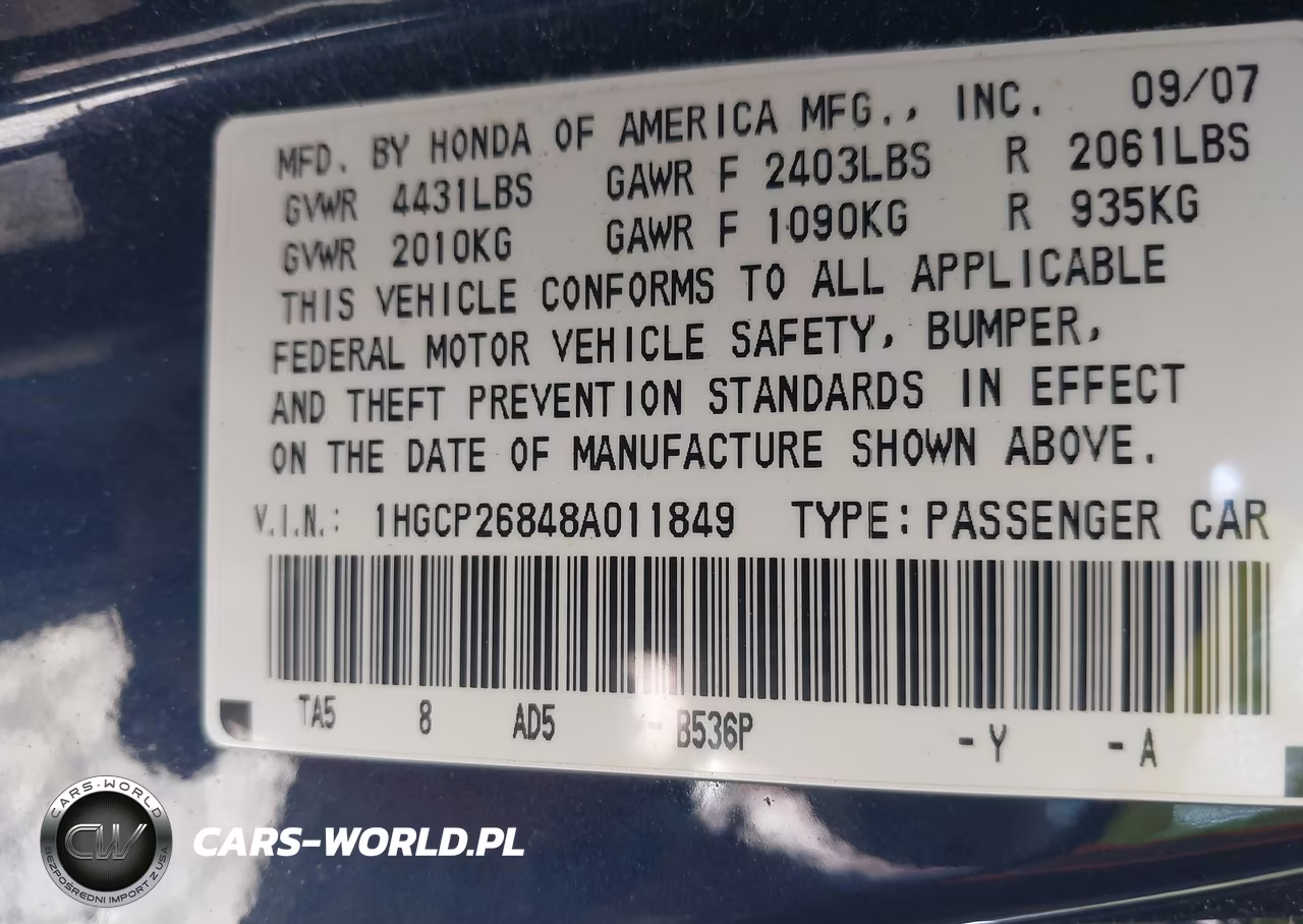 2008 Honda Accord 2.4 Ex-L VIN:1HGCP26848A011849 - 9