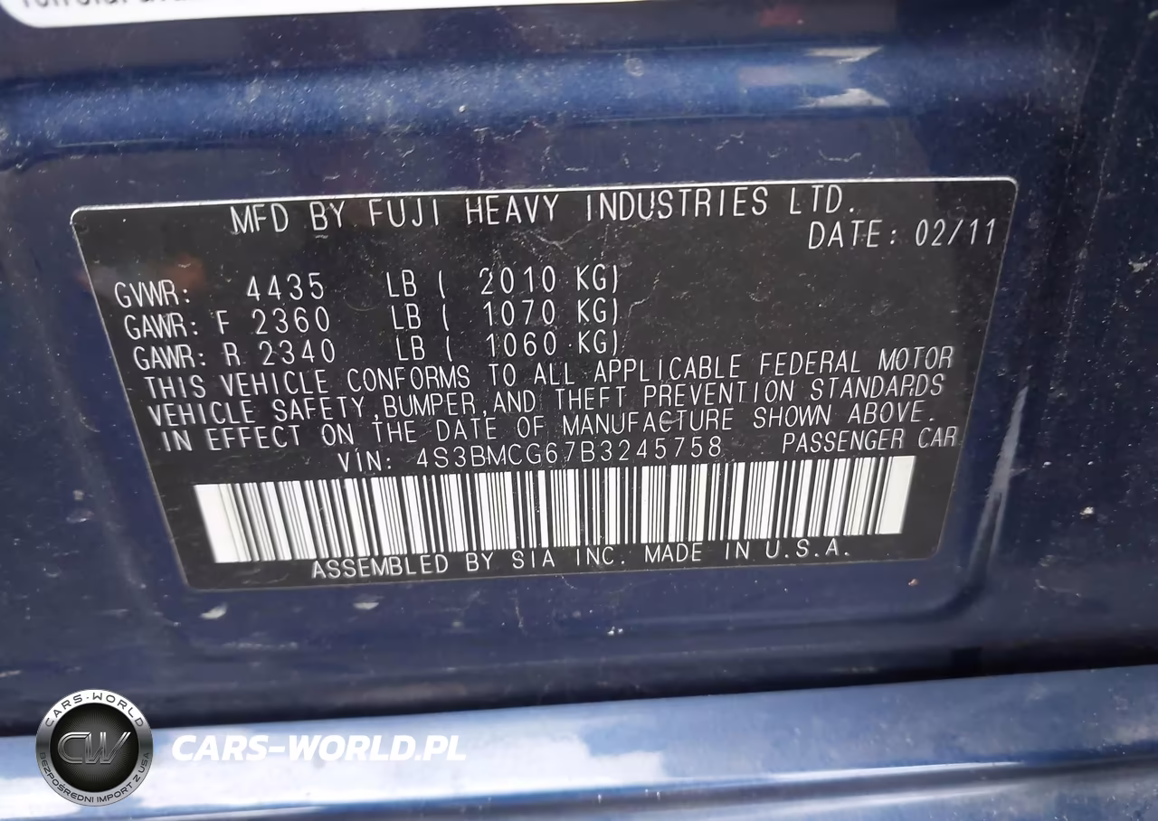 2011 Subaru Legacy 2.5I Premium VIN:4S3BMCG67B3245758 - 9