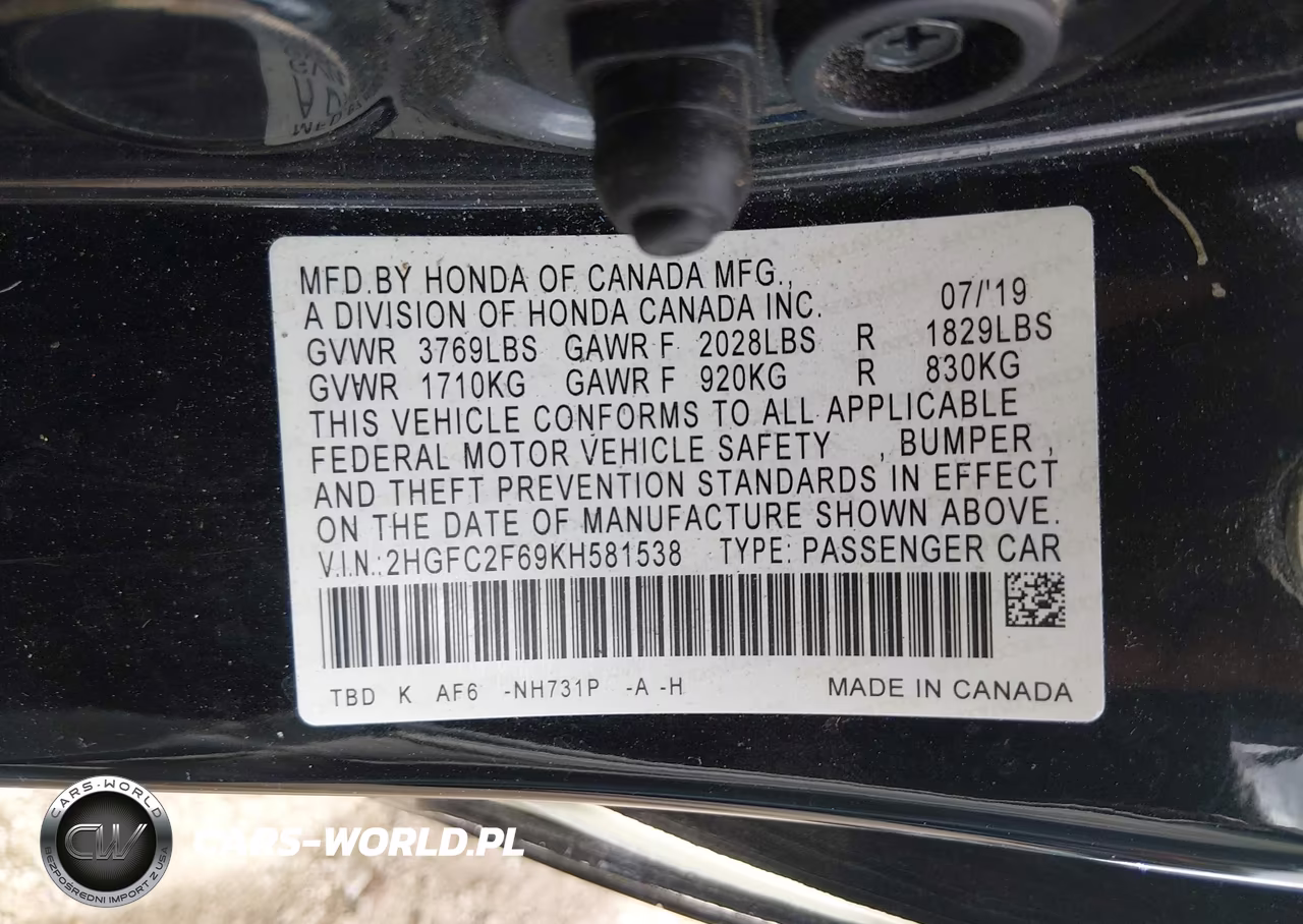 2019 Honda Civic Lx VIN:2HGFC2F69KH581538 - 9