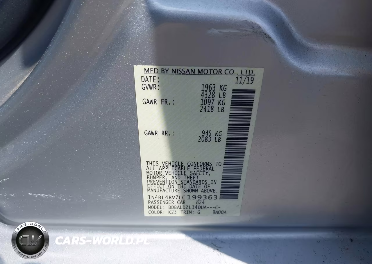 2020 Nissan Altima S Fwd VIN:1N4BL4BV7LC199363 - 9