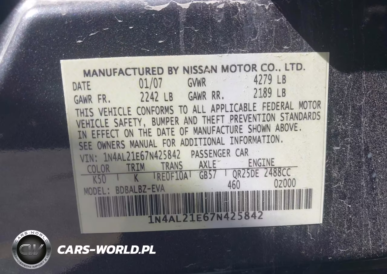2007 Nissan Altima 2.5 S VIN:1N4AL21E67N425842 - 9