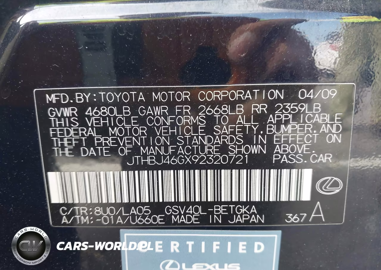 2009 Lexus Es 350 VIN:JTHBJ46GX92320721 - 9