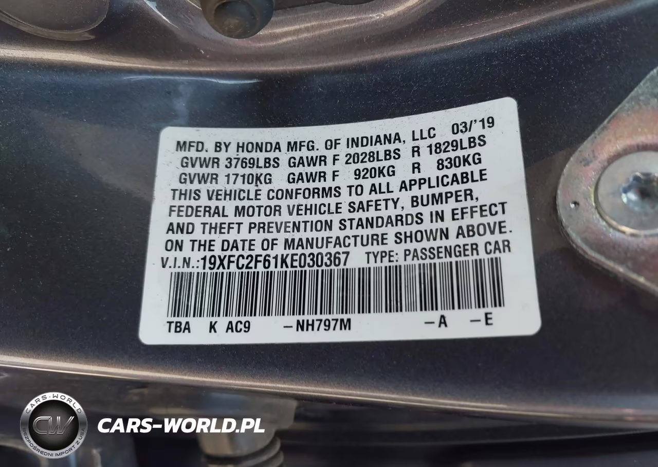 2019 Honda Civic Lx VIN:19XFC2F61KE030367 - 9