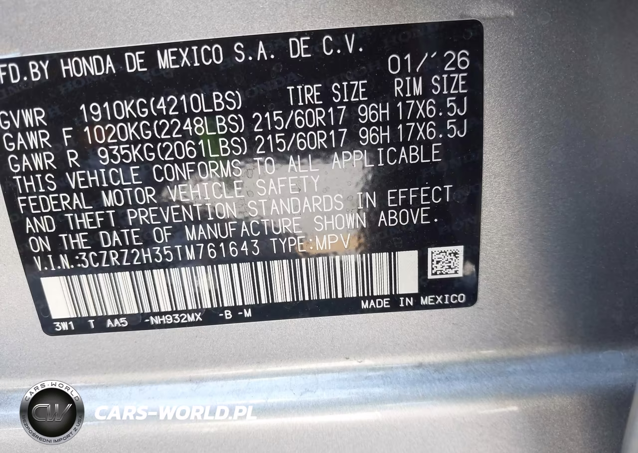 2026 Honda Hr-V Awd Lx VIN:3CZRZ2H35TM761643 - 9