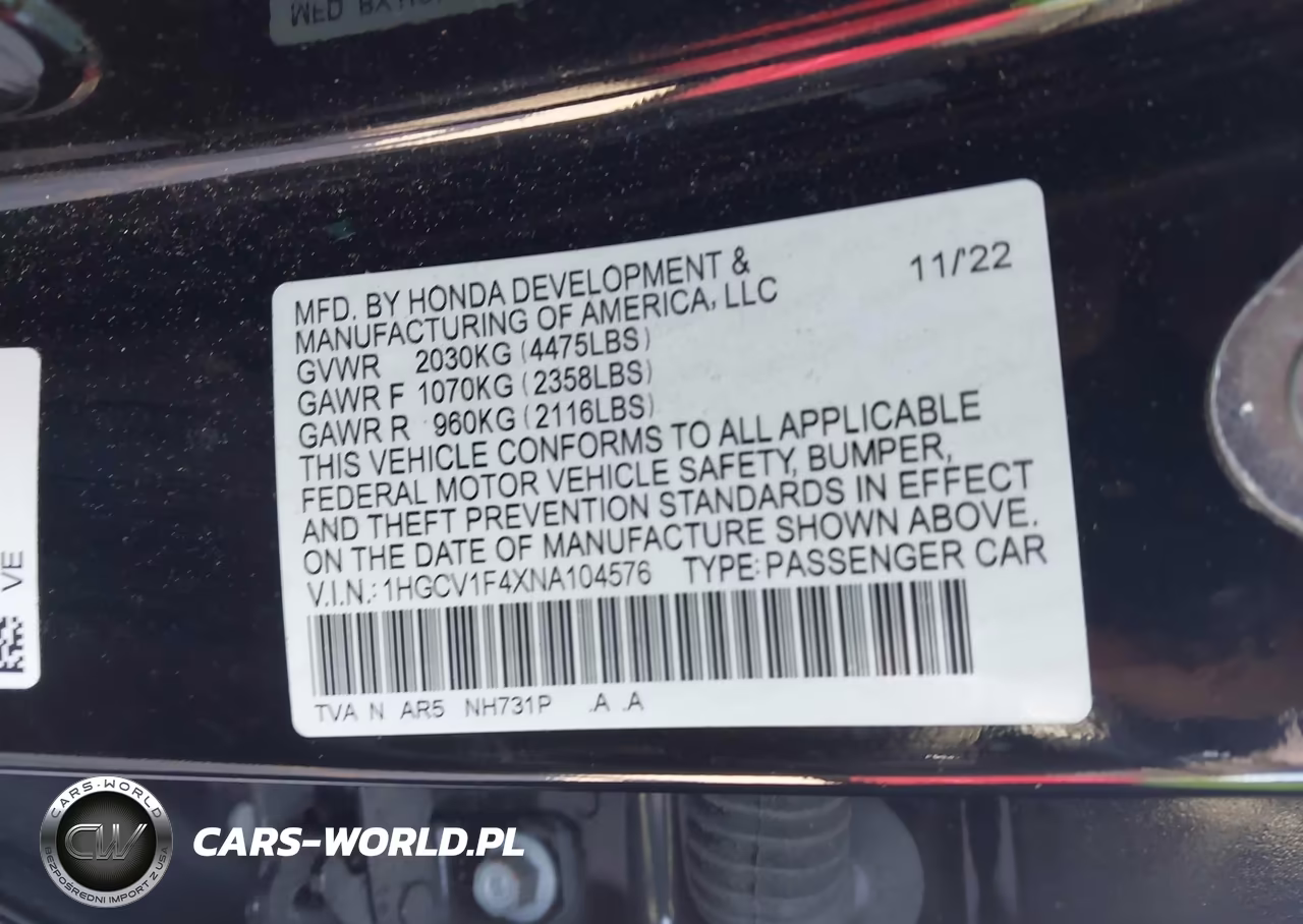 2022 Honda Accord Sport Special Edition VIN:1HGCV1F4XNA104576 - 9