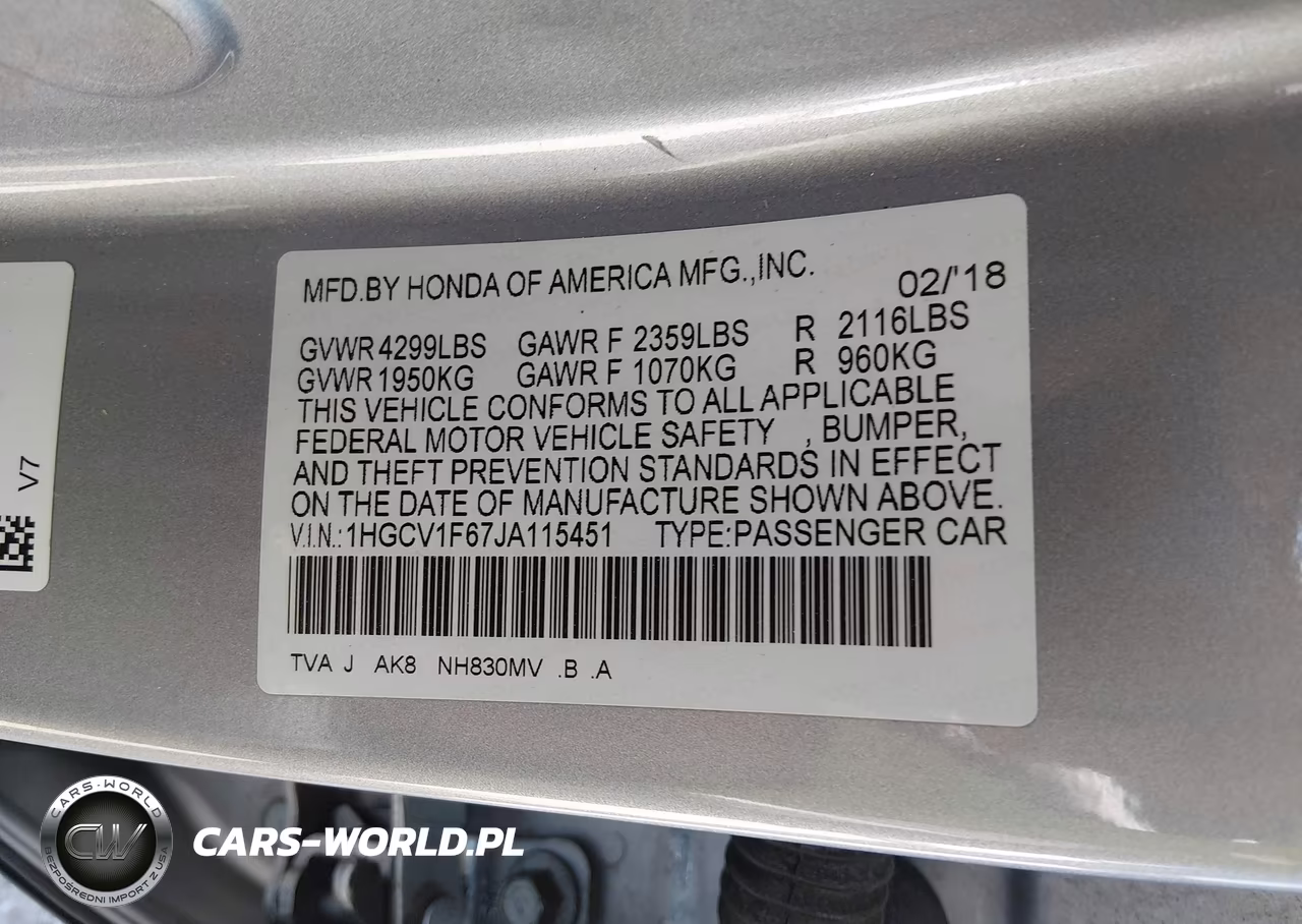 2018 Honda Accord Ex-L VIN:1HGCV1F67JA115451 - 9