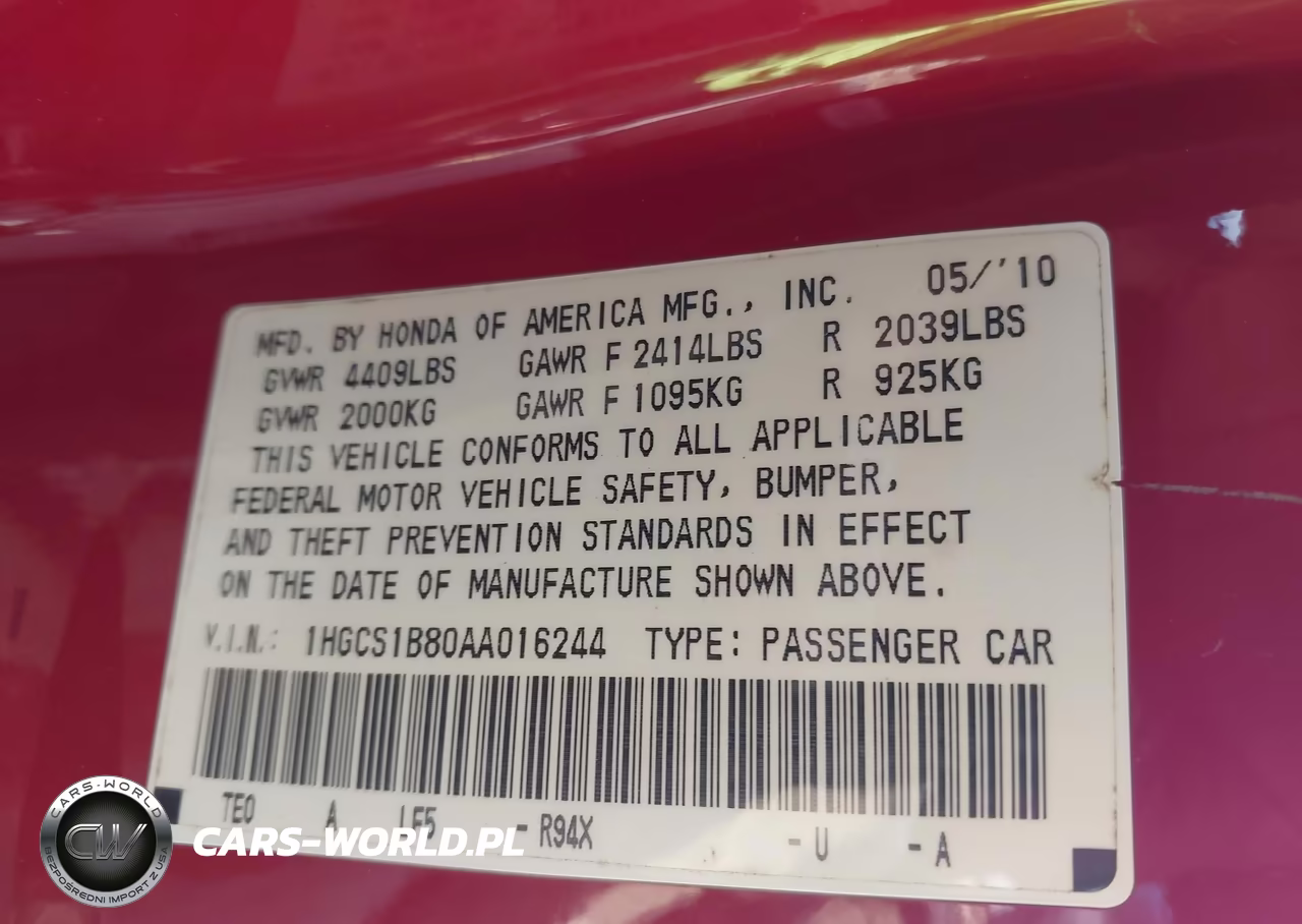 2010 Honda Accord Cpe 2.4 Ex-L-Ex-L VIN:1HGCS1B80AA016244 - 9