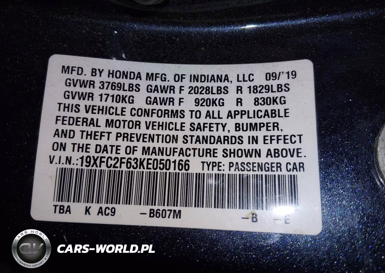 2019 Honda Civic Lx VIN:19XFC2F63KE050166 - 9