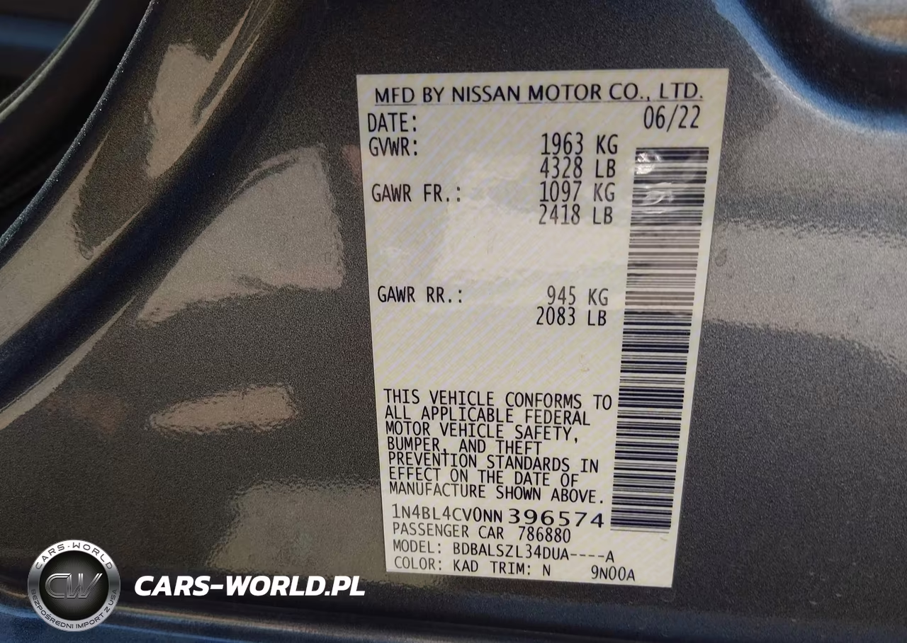 2022 Nissan Altima Sr Fwd VIN:1N4BL4CV0NN396574 - 9