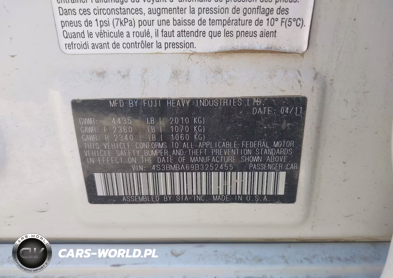 2011 Subaru Legacy 2.5I VIN:4S3BMBA69B3252455 - 9