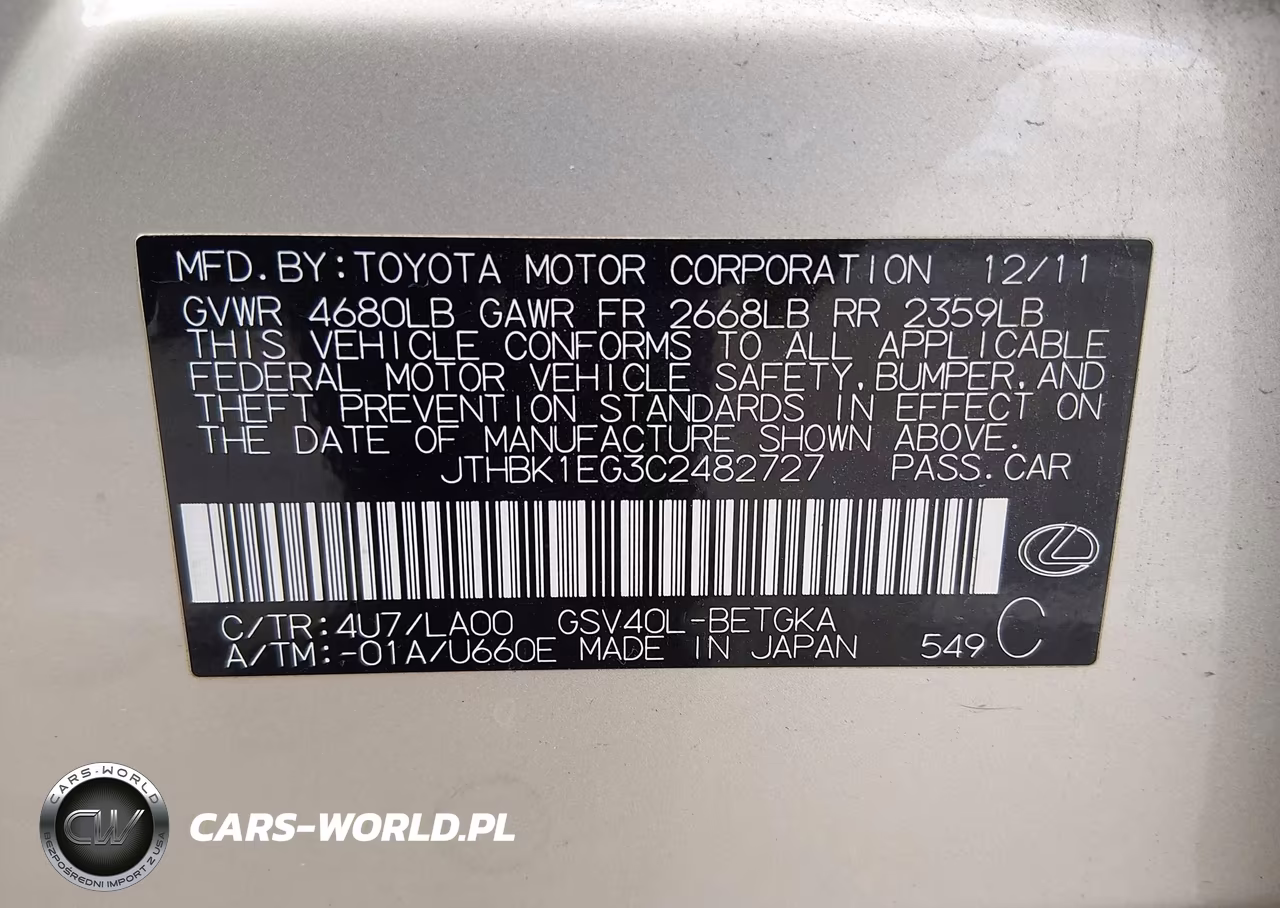 2012 Lexus Es 350 VIN:JTHBK1EG3C2482727 - 9
