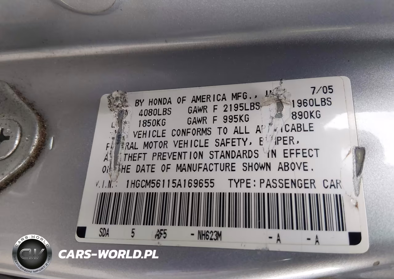 2005 Honda Accord 2.4 Dx VIN:1HGCM56115A169655 - 9