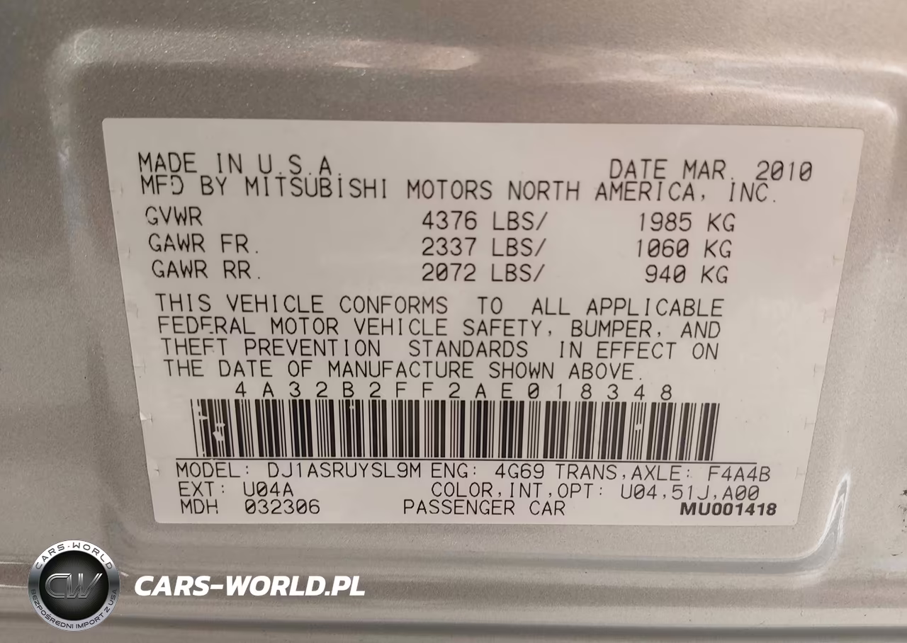 2010 Mitsubishi Galant Fe VIN:4A32B2FF2AE018348 - 9