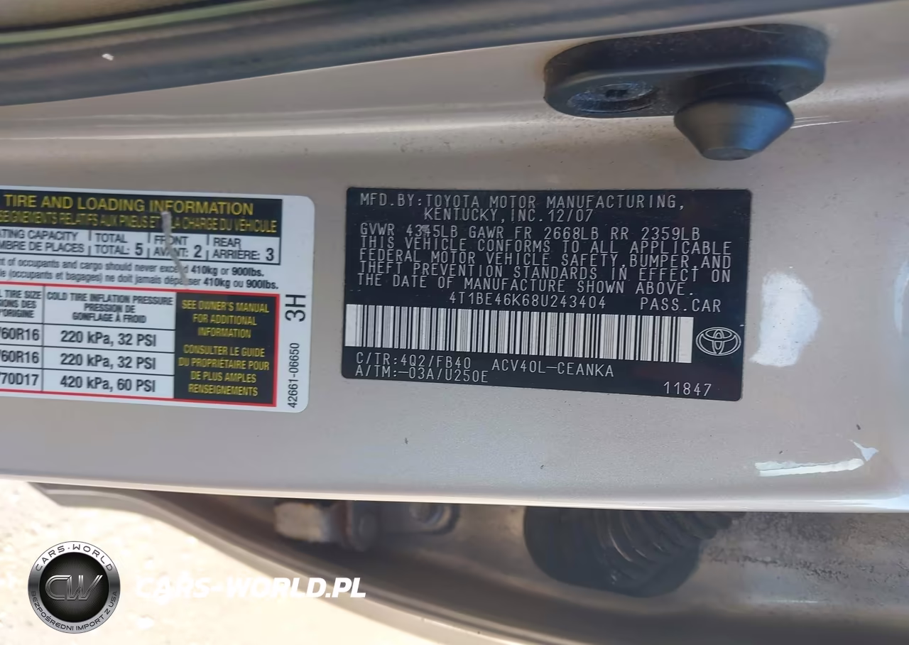 2008 Toyota Camry VIN:4T1BE46K68U243404 - 9