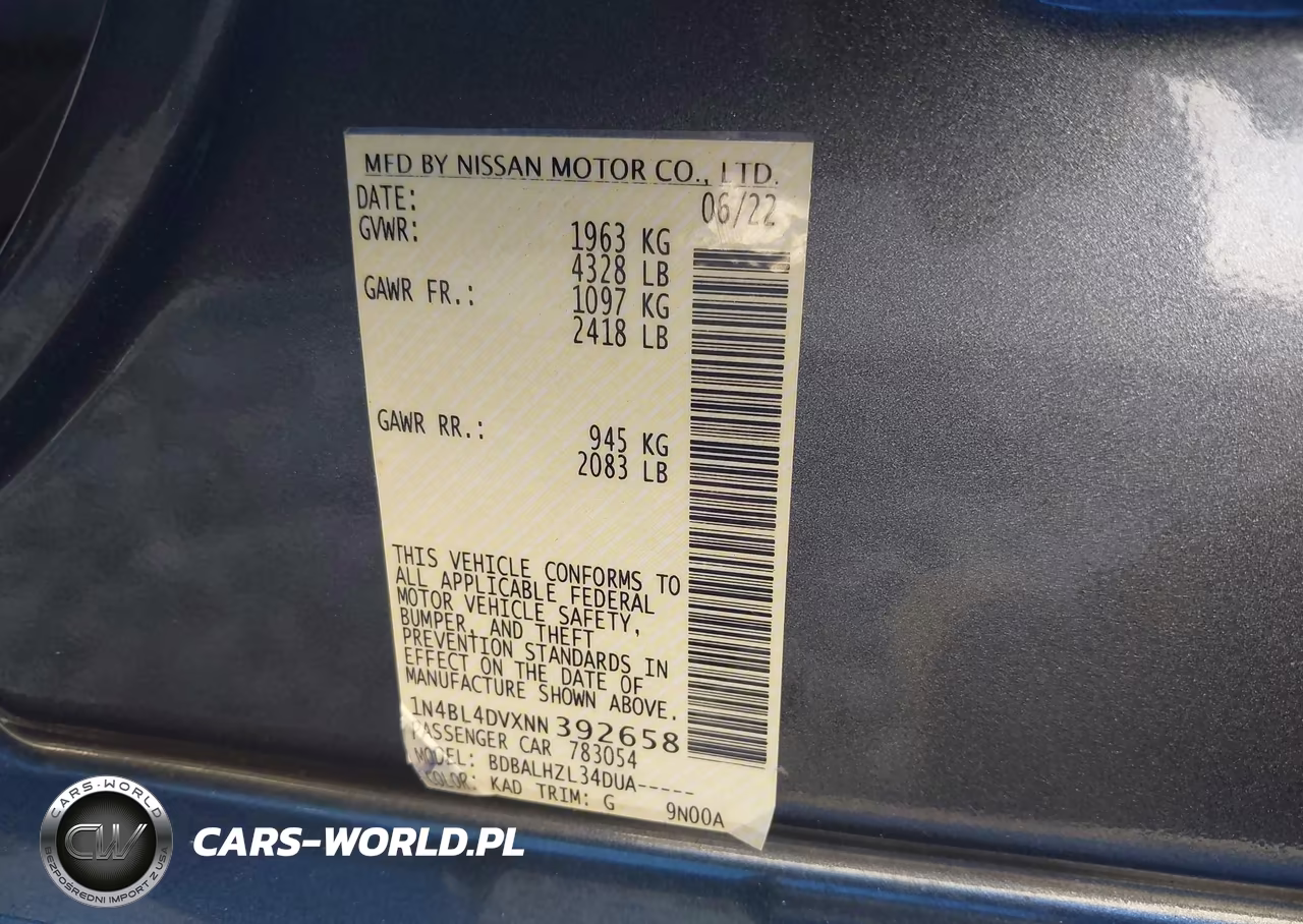 2022 Nissan Altima Sv Fwd VIN:1N4BL4DVXNN392658 - 9