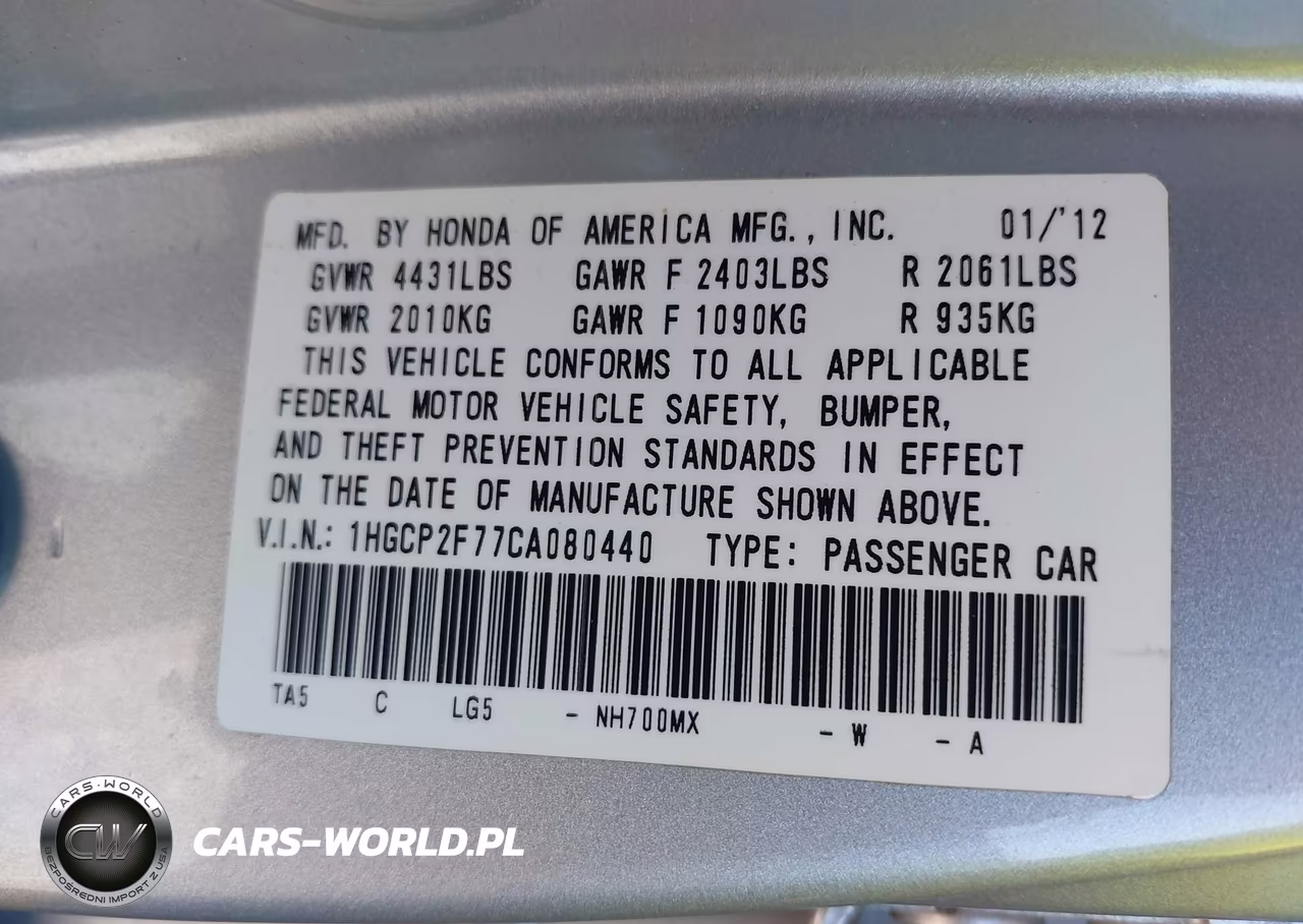 2012 Honda Accord 2.4 Ex VIN:1HGCP2F77CA080440 - 9