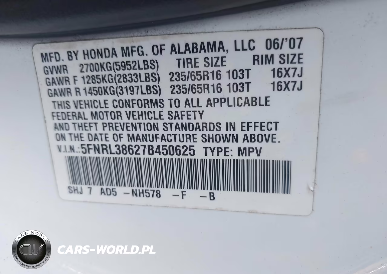 2007 Honda Odyssey Ex-L VIN:5FNRL38627B450625 - 9