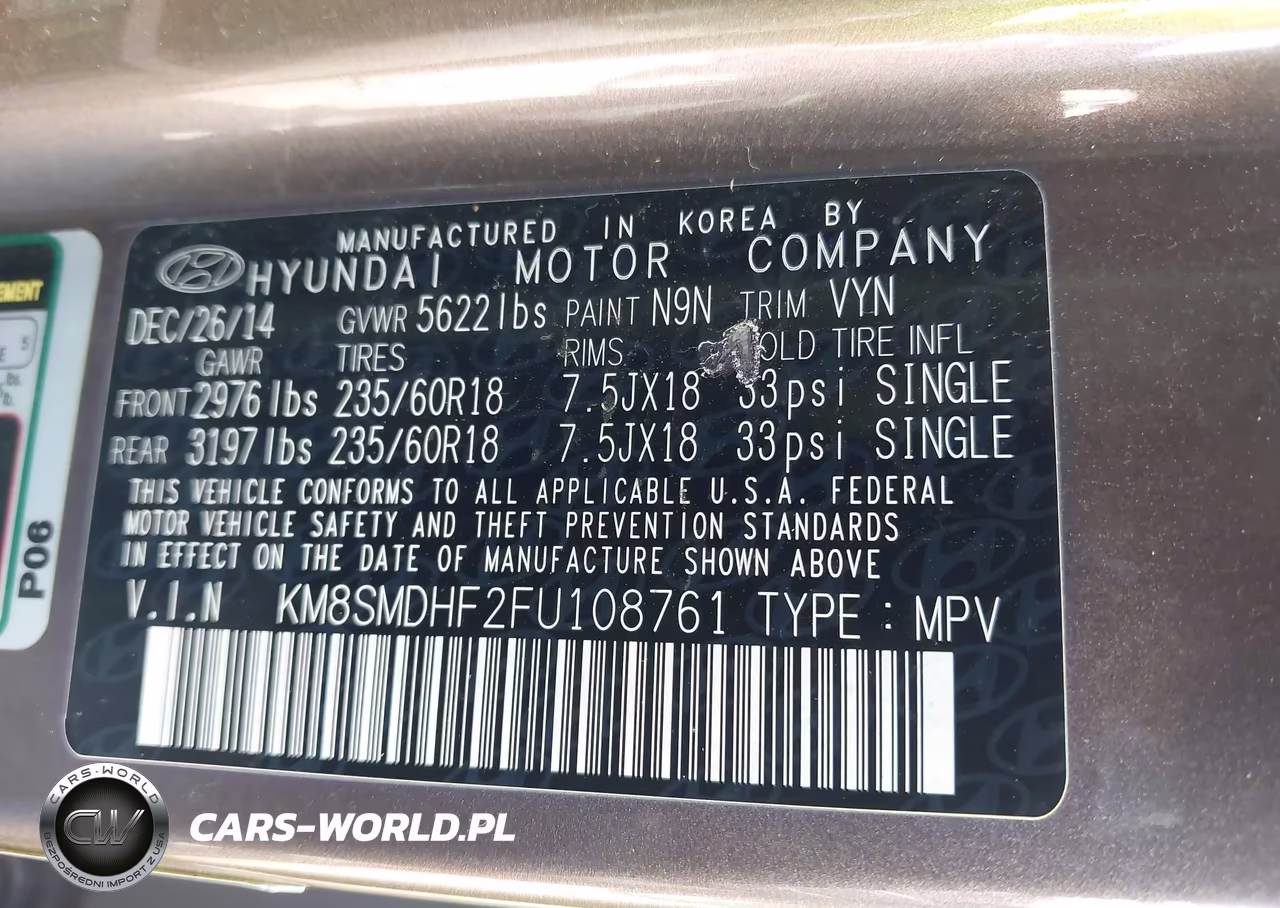2015 HYUNDAI SANTA FE GLS VIN:KM8SMDHF2FU108761 - 9