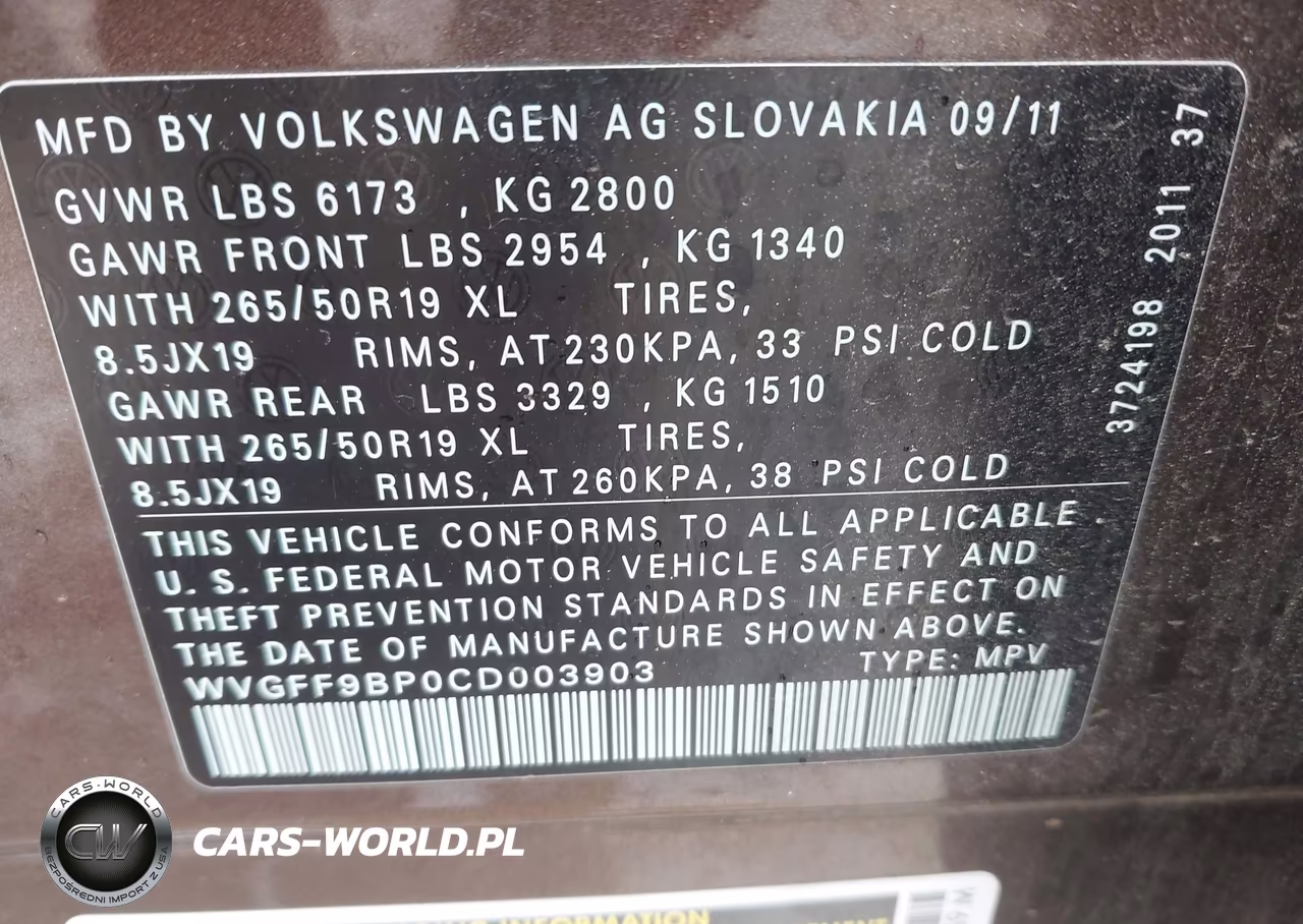 2012 Volkswagen Touareg Vr6 Lux VIN:WVGFF9BP0CD003903 - 9