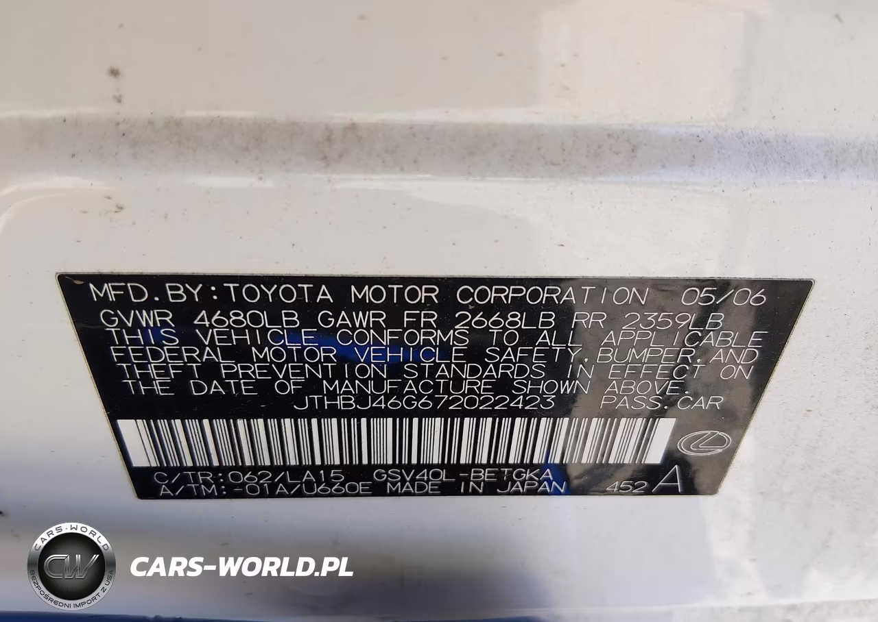 2007 Lexus Es 350 VIN:JTHBJ46G672022423 - 9