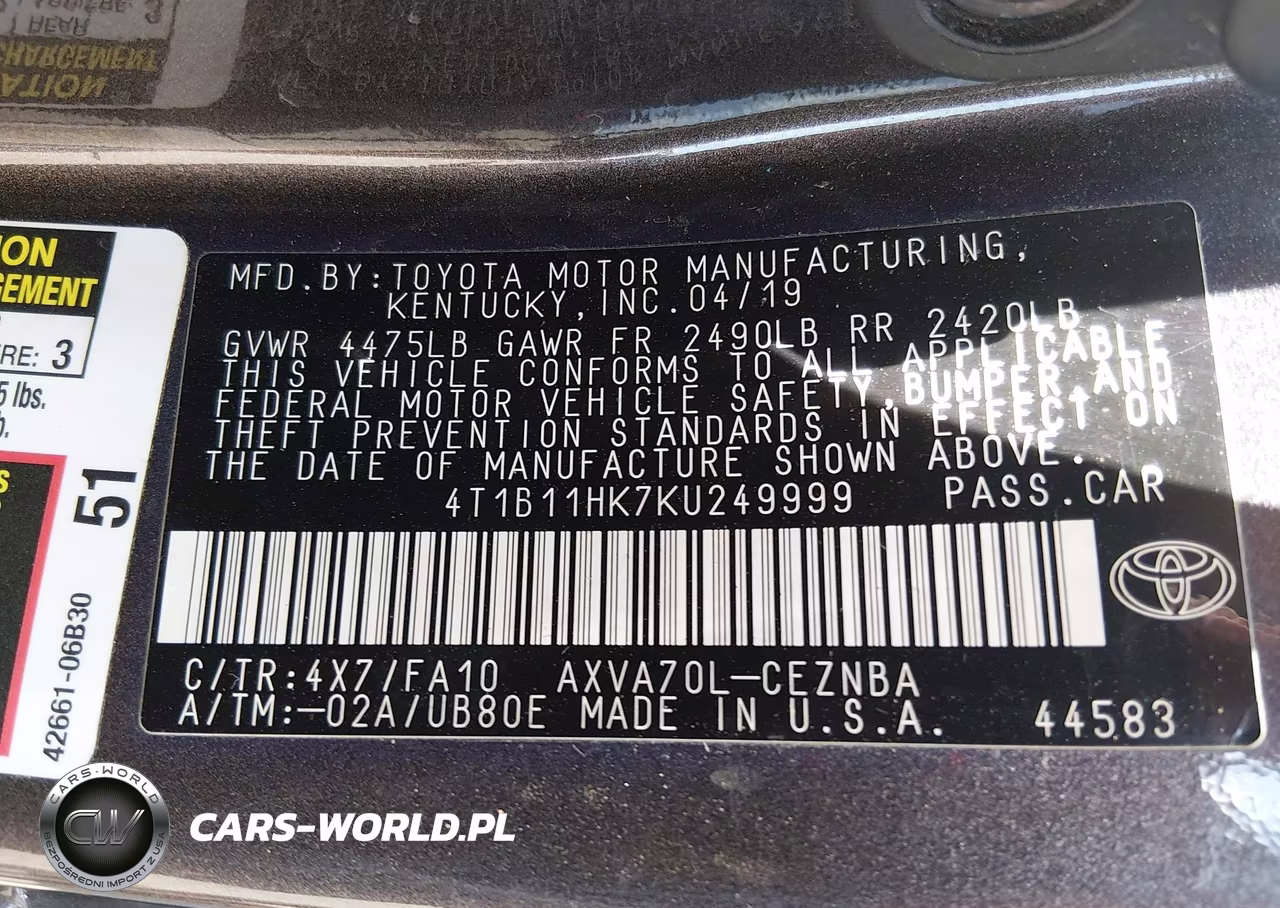 2019 Toyota Camry Le VIN:4T1B11HK7KU249999 - 9