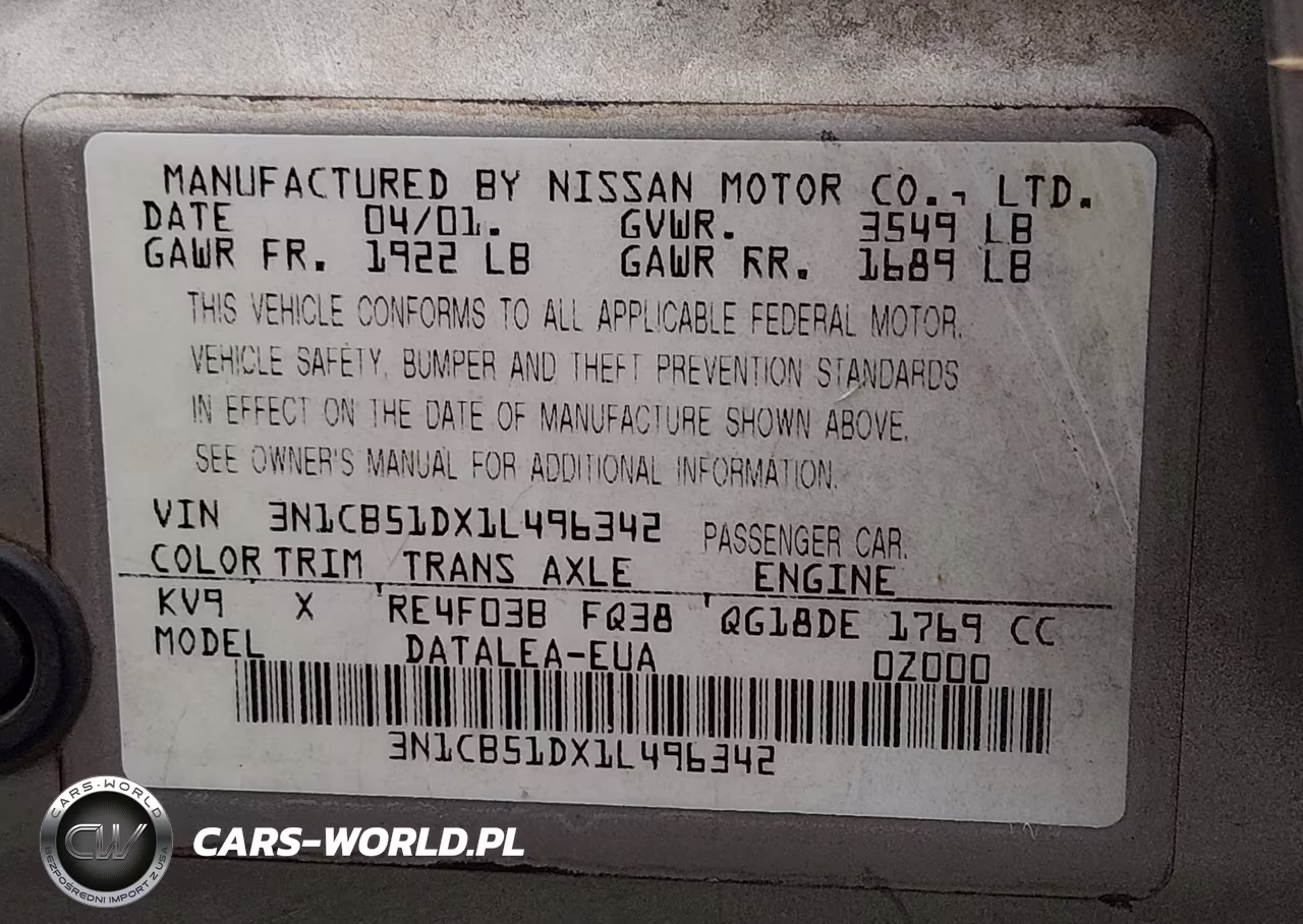 2001 Nissan Sentra Gxe VIN:3N1CB51DX1L496342 - 9