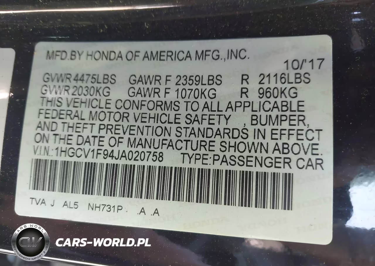2018 Honda Accord Touring VIN:1HGCV1F94JA020758 - 9