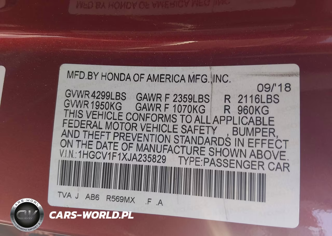 2018 Honda Accord Lx VIN:1HGCV1F1XJA235829 - 9
