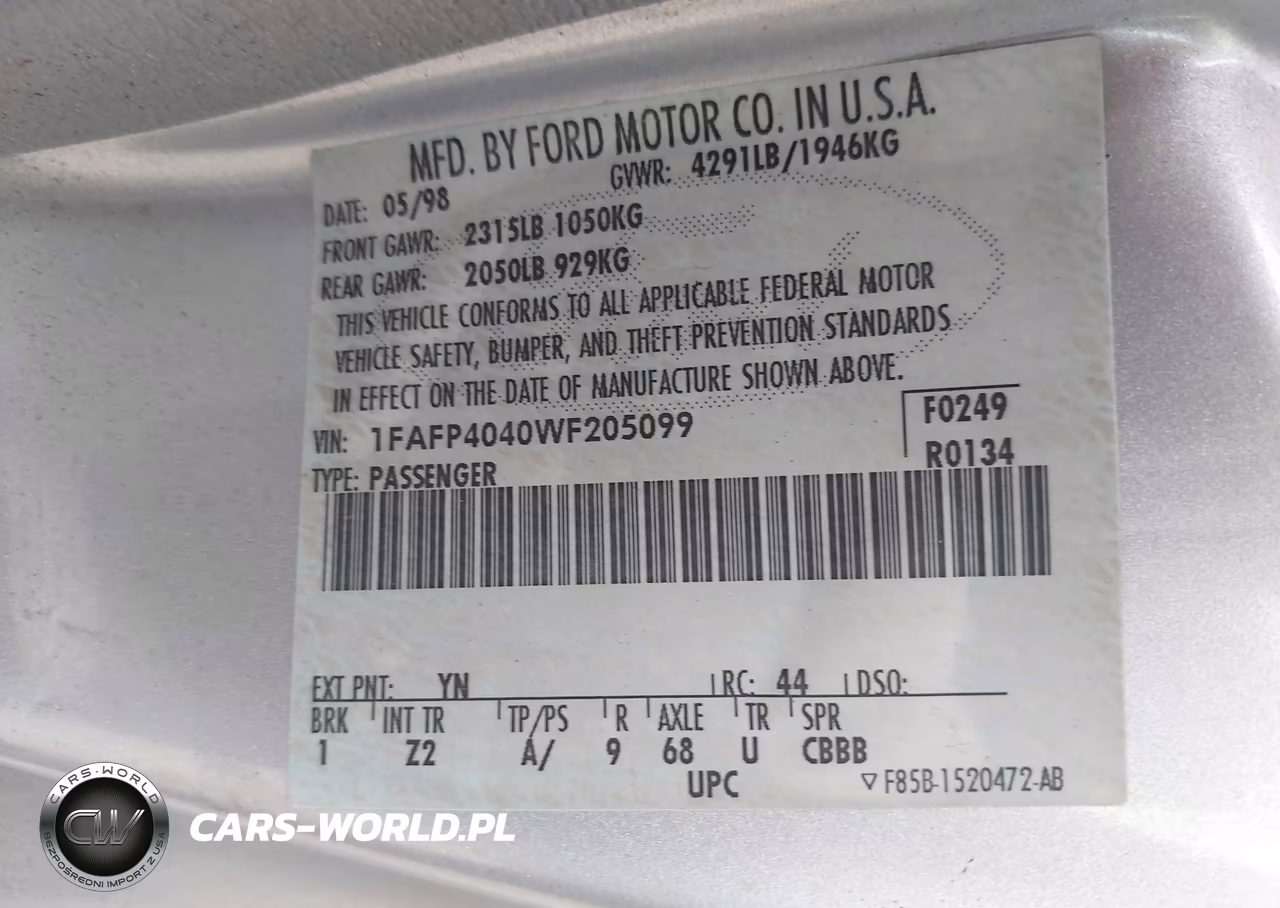 1998 Ford Mustang VIN:1FAFP4040WF205099 - 9