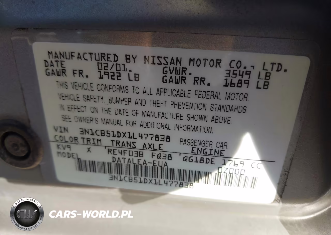 2001 Nissan Sentra Gxe VIN:3N1CB51DX1L477838 - 9