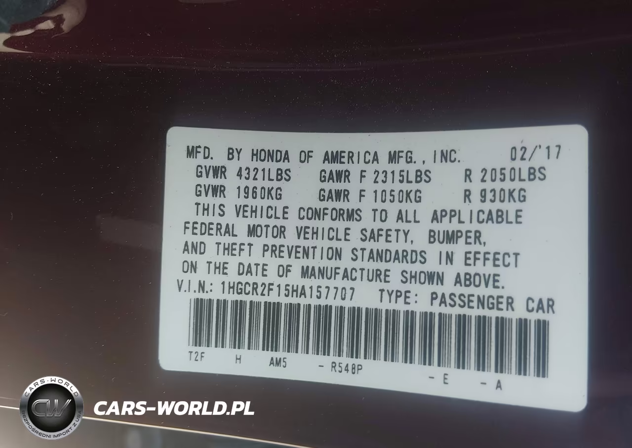 2017 Honda Accord Sport Se VIN:1HGCR2F15HA157707 - 9