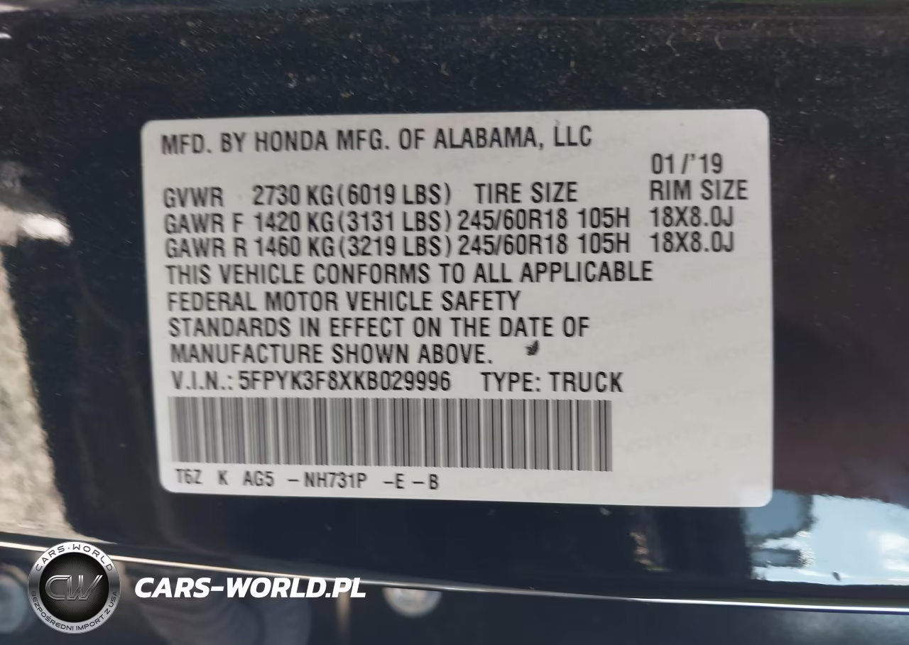 2019 Honda Ridgeline Black Edition VIN:5FPYK3F8XKB029996 - 9