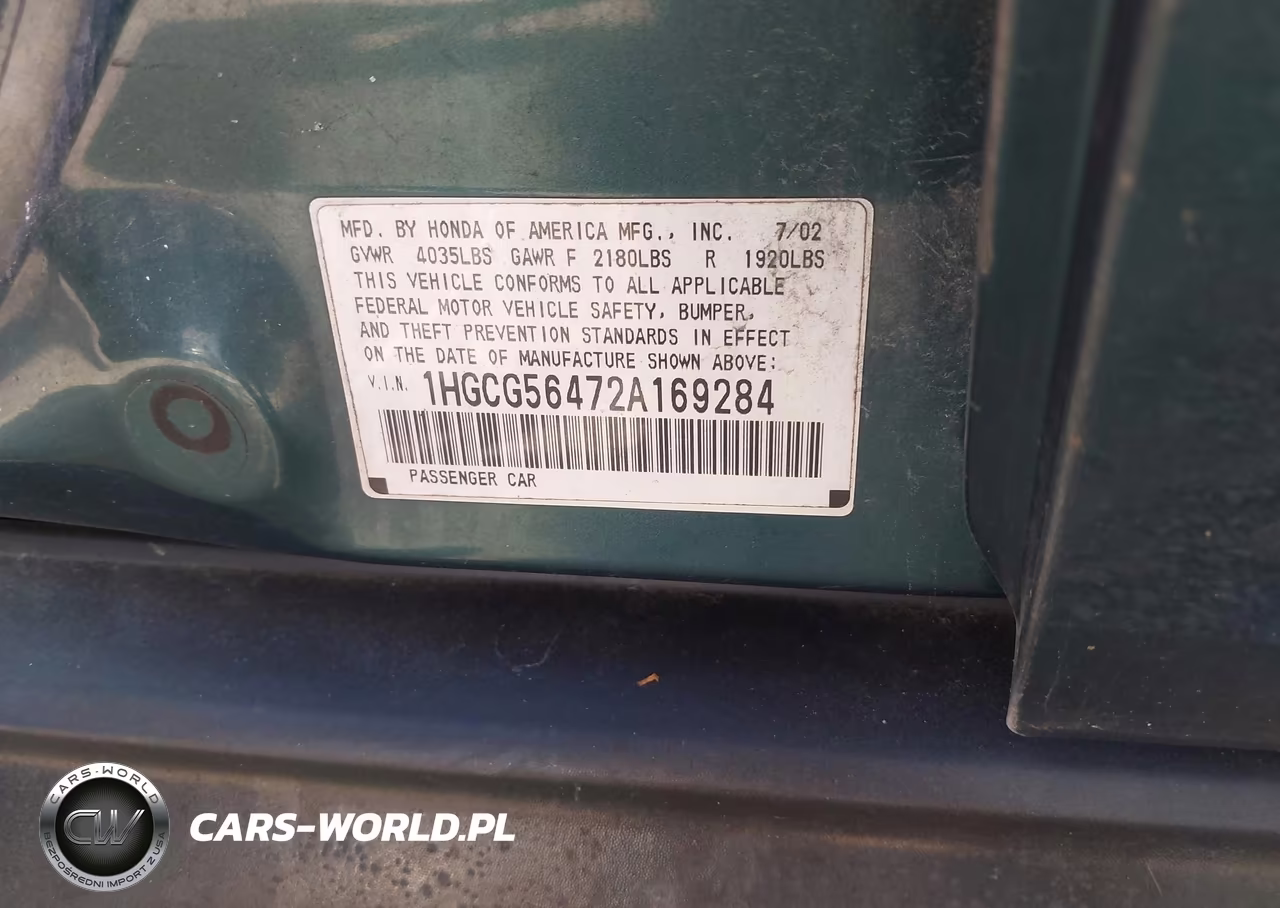 2002 Honda Accord 2.3 Lx VIN:1HGCG56472A169284 - 9